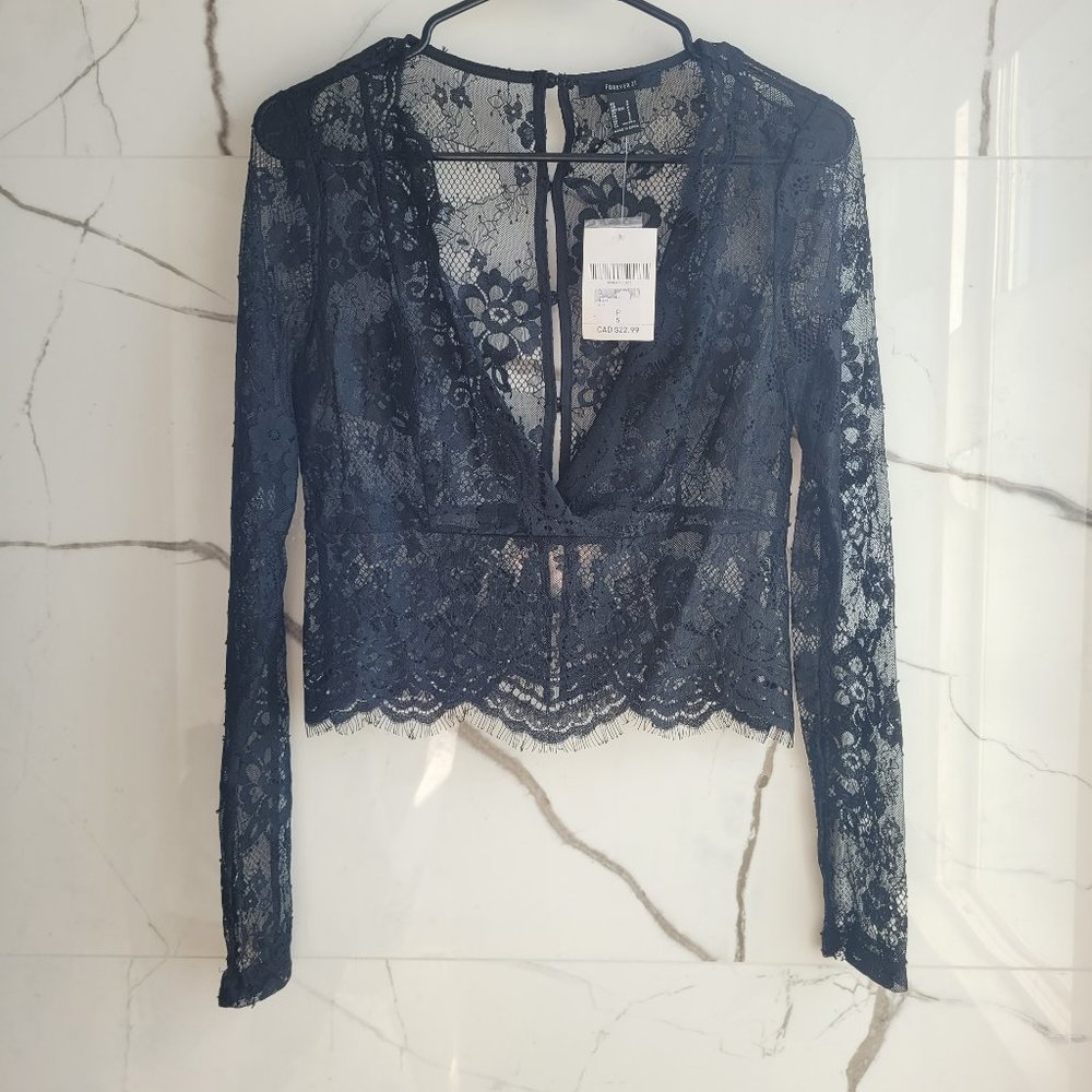 NWT Forever 21 Sheer Black Floral Lace Top